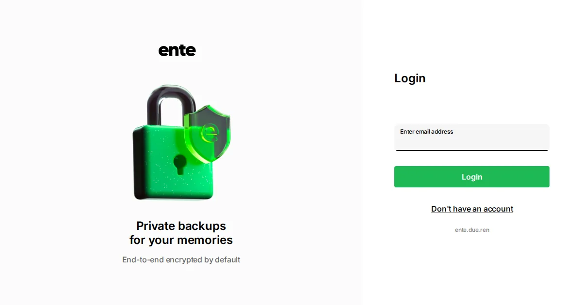 Ente Photos sign-in page with encrypted photo backup artwork
